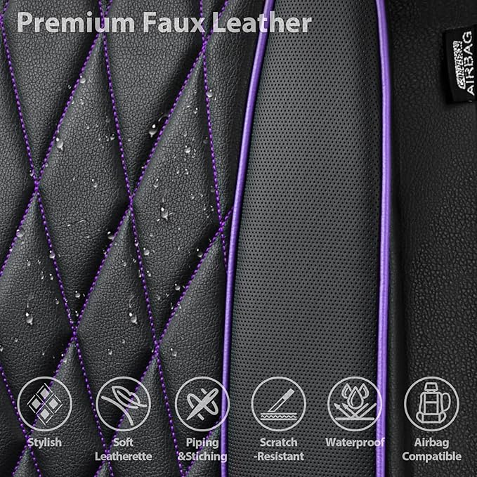 CAR PASS Piping Luxury Faux Leather Two Front Car Seat Covers, Waterproof Anti Slip Premium Automotive Seat Covers,Universal Fit for Suvs,Vans,Trucks, Armrest Airbag Compatible (Black and Purple)