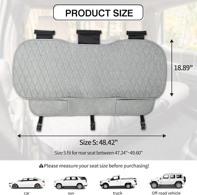Universal Grey Anti-Slip Rear Car Seat Cover Size S - Faux Linen Bottom Bench Seat Cushion Fits Most of Vehicles Cars Truck SUV Van - Automotive Long Back Seats Protectors with Storage Pocket
