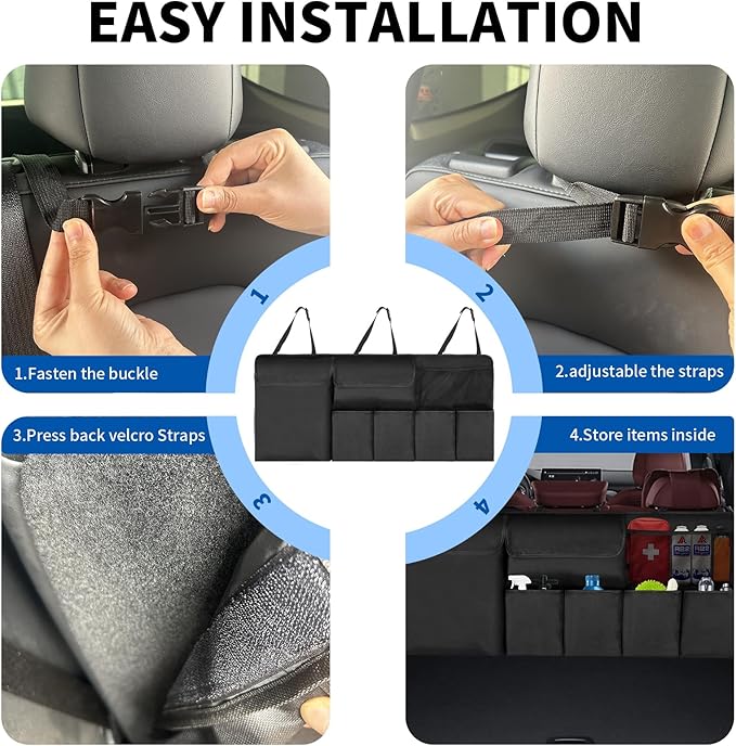 Car Trunk Organizer, Backseat Hanging Organizer with Storage Pockets for SUV, Truck, Van, Collapsible Trunk Organization for Car Accessories (Black, 43" x 18.5")