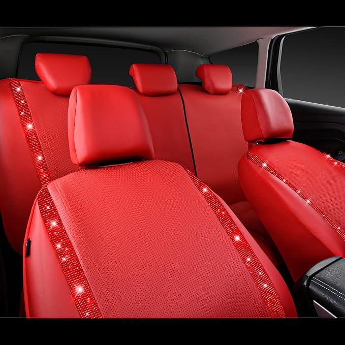 CAR PASS Bling Diamond Car Seat Covers Full Set, Shining Rhinestone Waterproof Faux Leather, Rear with Zipper, Universal Fit Automotive Glitter Crystal Sparkle Strips for Cute Women Girl, Red