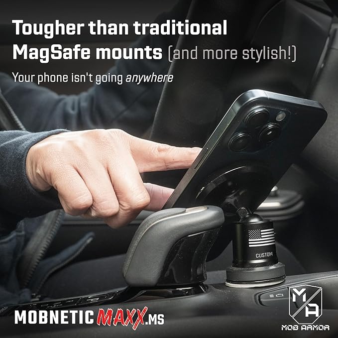 Mob Armor MobNetic Maxx MS - Customized MagSafe Compatible Magnetic Phone Holder for Car, Personalized Phone Mount Made w/Heavy Duty Aluminum Metal, Works w/iPhones & Androids - Black