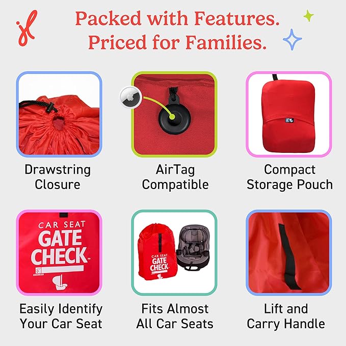 J.L. Childress Gate Check Travel Bag for Car Seats - Car Seat Travel Bag for Airplane, Fits All Baby & Infant Carriers, Airport Accessories for Gate Check, Flying Essentials, AirTag Compatible - Red