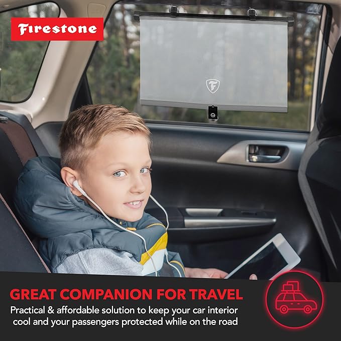 Firestone 2 Pack Retractable Car Window Sunshades - Blocks 99% UV Rays, Lightweight & Compact Car Side Window Screen with Automatic Retract Button, Blocks Glare & Heat, Gray