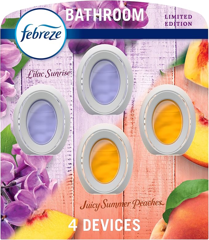 Febreze Bathroom Air Freshener, Odor-Fighting, Plug In Alternative, Air Fresheners for Small Spaces in Home, Bathroom, Kitchen, & Closet, Lilac & Peach Scents, 4ct (2 of Each Scent)