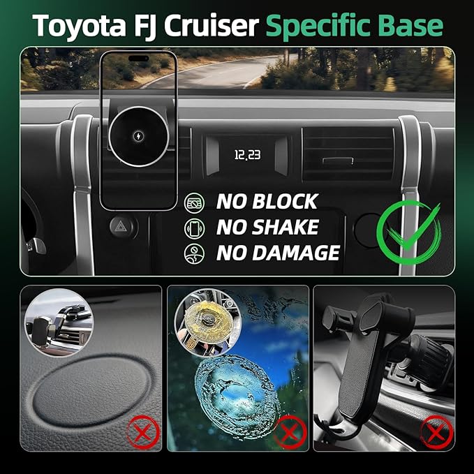 Car Phone Holder Mount for Toyota FJ Cruiser (2007-2013 2014), Magnetic Phone Holder, Magsafe Car Mount Charger, Dashboard Phone Holder, 15W Wireless Fast Charging for iPhone, Samsung & Google