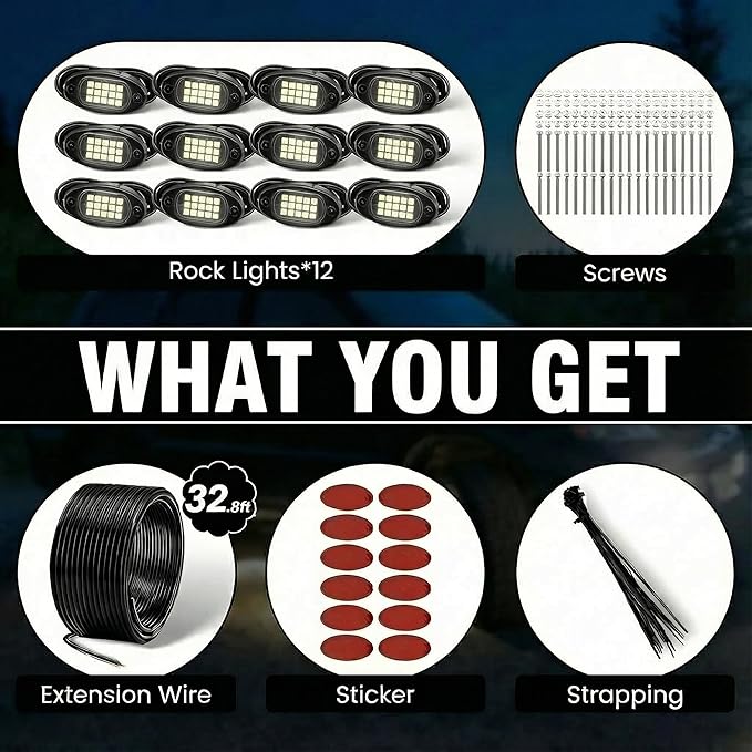 YONEDA 12 Pods White Rock Lights 6000K Pure White LED Underglow Lights IP68 Waterproof for Trucks SUV UTV ATV RZR Car Boats Motorcycle with 32.8ft Extension Wire