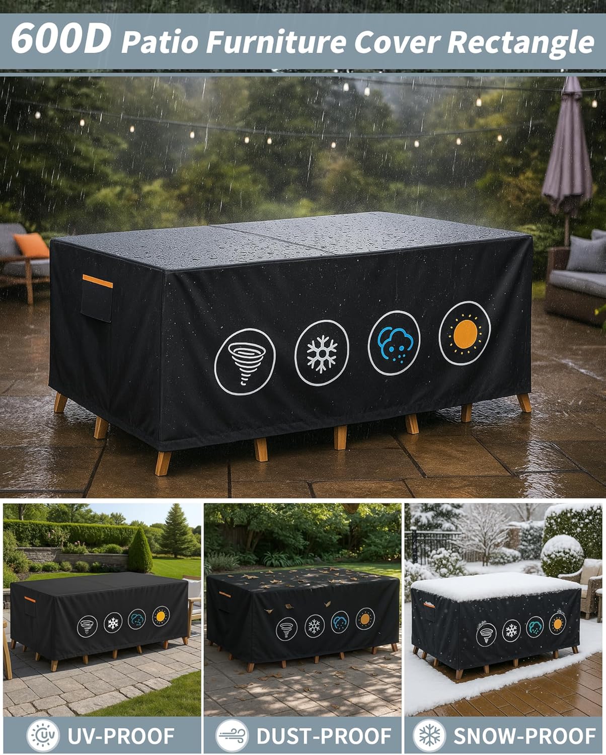 Outdoor Waterproof Furniture Cover, 64W x 52L x 28H inches Heavy Duty 600D Rectangular Table and Chair Set Protection, Black