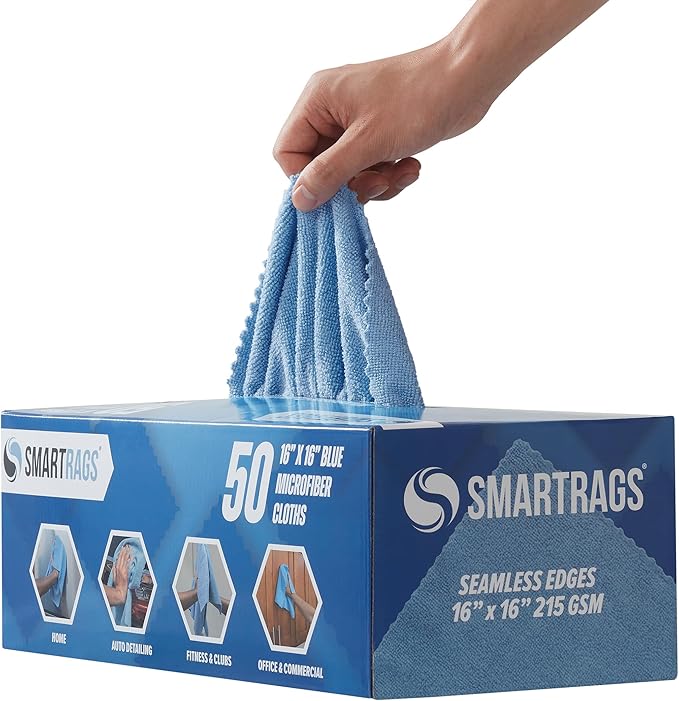 Arkwright Smart Rags Microfiber Cleaning Cloths, Pack of 50 in a Box, Lint Free 215 GSM Reusable Towels for Auto, Office and Household Cleaning, 16 x 16 in, Blue
