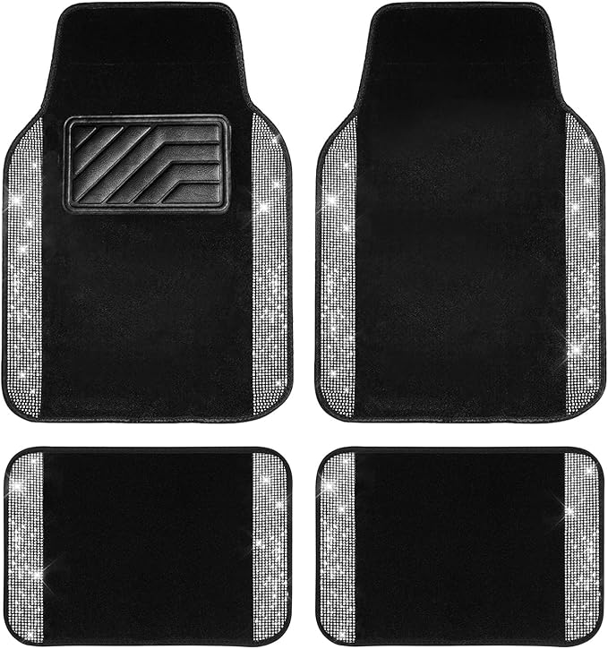 CAR PASS Bling Diamond Car Floor Mats, Shining Rhinestone Carpet Sparkly Glitter Crystal with Anti-Slip PVC Heel Pad Waterproof Universal Fit Automotive SUV,Sedan,Van,Cute Girl Women,4pcs Black Sliver