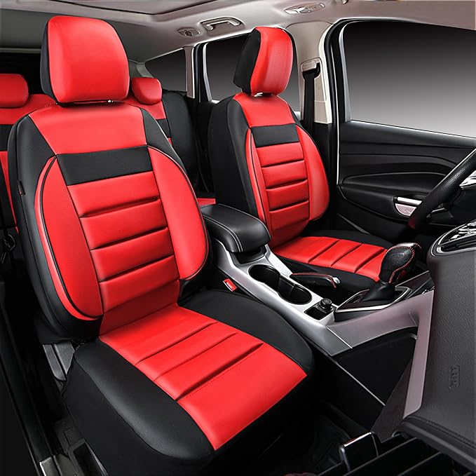 CAR PASS Leather Seat Covers Full Set Universal Water Resistant 3D Foam Back Support, Luxury Comfort Automotive 5 Seat Covers All Season Fit for SUV,Sedan,Van, Airbag Compatible Elegance (Black Red)