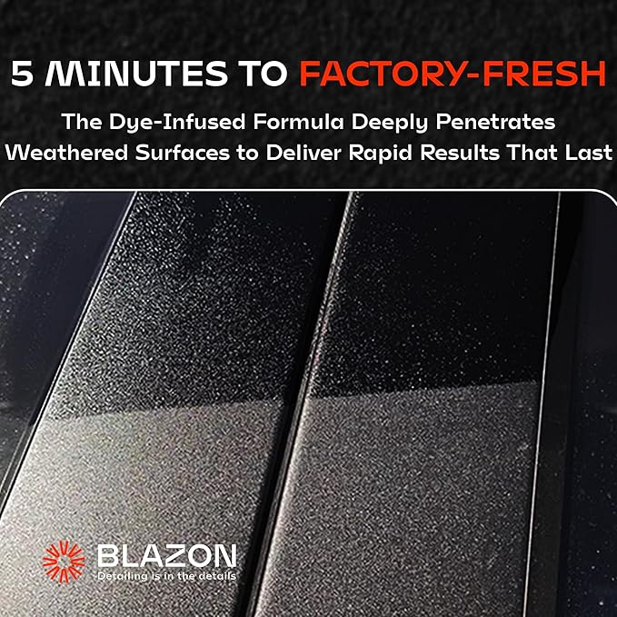 BLAZON Black Trim Restorer – Dye-Infused Plastic Restorer for Faded Exterior Trim, Deep Black Finish, Scratch Correction, Long-Lasting Durability & UV Protection - 4 oz