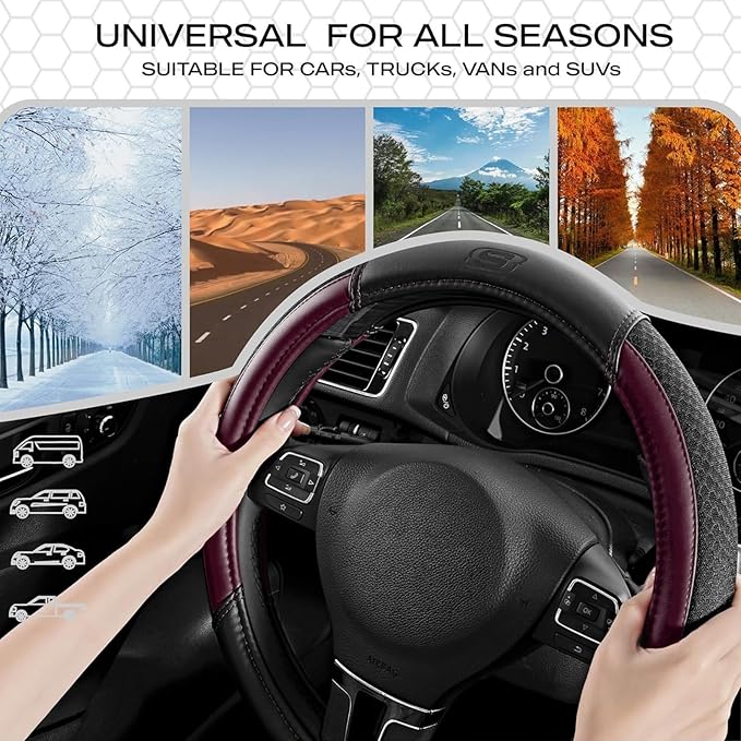 Skechers Air-Cooled Steering Wheel Cover,Leather Car Steering Wheel Cover Universal Fit 14" 1/2-15" Car Wheel Protector for Men Women Fit Suvs,Vans,Sedans,Car,Trucks,Brown