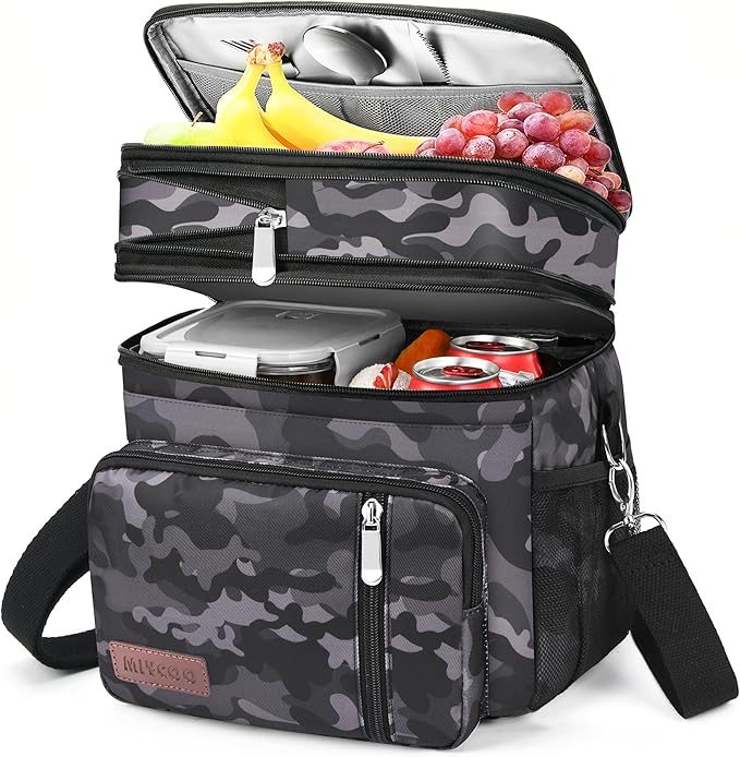 MIYCOO Lunch Bag & Lunch Box for Men Women, Double Deck Leakproof Insulated Soft Large Adult Camping Cooler bag for Work, Beach, Picnic, Travel (Black Camo, 15L)