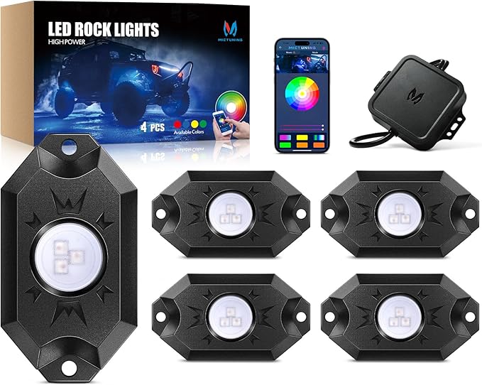 MICTUNING 2nd-Gen CM RGB Rock Lights - 4 Pods Waterproof Multicolor Neon Underglow Kit with Bluetooth App Control & Music Mode for Trucks Pickup UTV SUV ATV （2 Year Warranty）