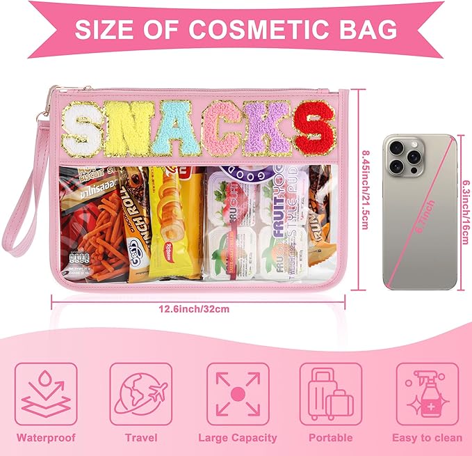 Snack Bag for Travel - Clear Chenille Varsity Letter Flat Pouch with Zipper, 12.2×8.46 inch Waterproof Clear Nylon Preppy Patch Makeup Cosmetic tote Bags for Women Girls