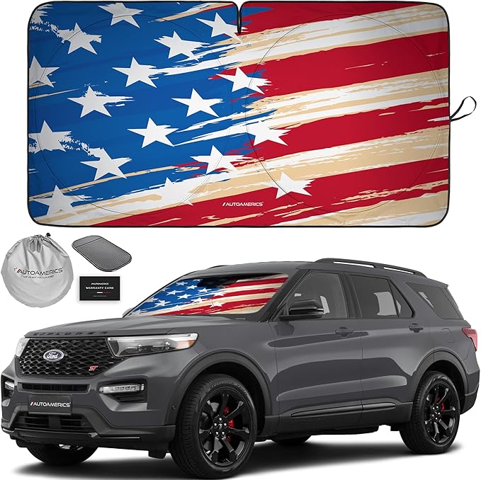 Autoamerics 1-Piece Windshield Sun Shade USA Art Flag - 1 American Design - Foldable Car Front Window Sunshade for Most Sedans SUV Truck - Blocks Max UV Rays and Keeps Your Vehicle Cool - Medium