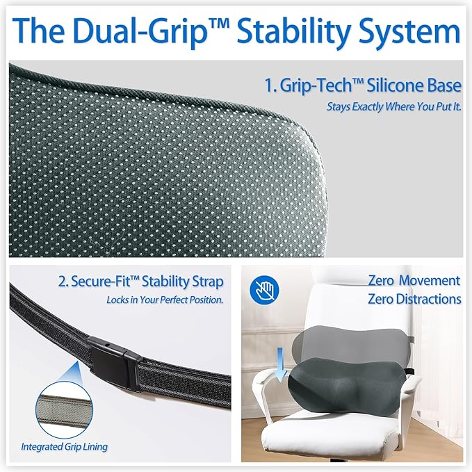 Lumbar Support Pillow for Car with Dual-Grip™ Stability System - Advanced Adaptive Memory Foam Back Pillow for Lower Back Pain Relief, Ergonomic Driving Seat & Office Chair Cushion, Gray