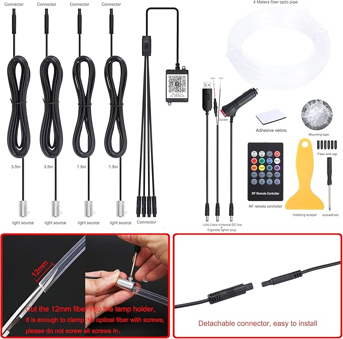 Car Ambient Lighting Kit 64 Colors Multicoloured Music Optic Fiber RF Remote + APP Control Car DIY Decorative Atmosphere Lighting DC 12V 1W 4m