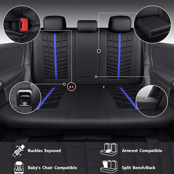 CAR PASS 3D Foam Mesh Black Blue Leather Car Seat Covers Full Set,Breathable Premium Leather Seat Covers for Car,Anti Slip Universal Fit for Trucks Cars Sedans Vans SUVs,Airbag Compatible,Black Blue