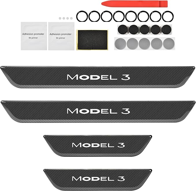 LED Door Sill Lights for Tesla Model 3 2017-2025 Accessories, ABS Scratch-Resistant Sill Protector with 7-Color RGB Lighting, Battery Powered Model 3 Pedal Mood Lamp, Carbon Fiber, 4PCS