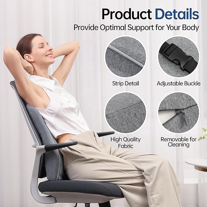 Lumbar Support Pillow for Office Chair, Back Support Pillow with Memory Foam, Relieves Back Pain, Removable Washable Cover & Adjustable Strap, for Car/Gaming Chair,Gift-Grey