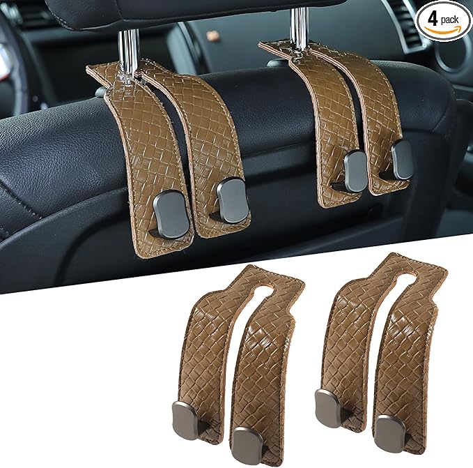 KINIVA Car Seat Headrest Storage Hooks, Set of 2, Suede PU Leather, Double Hooks (07-Khaki)