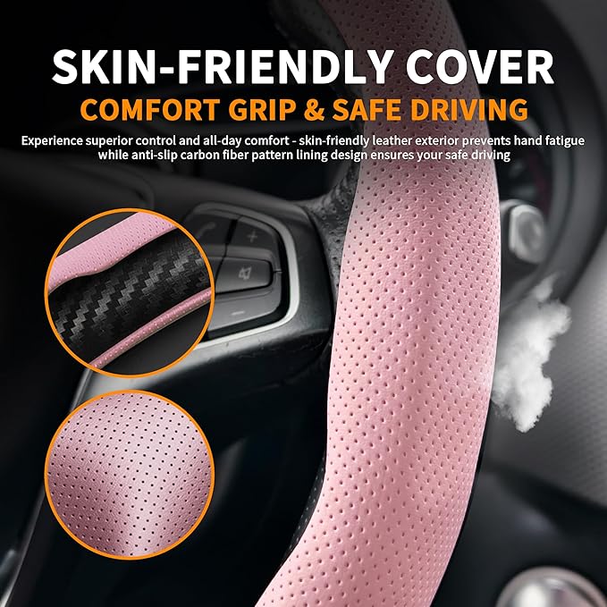 Nappa Leather Steering Wheel Cover, Universal 15 Inch Snap On Car Steering Wheel Cover for Men/Women, Comfortable & Breathable Microfiber Car Accessories Interior (Pink)