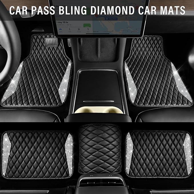 CAR PASS Bling Leather Car Mats Shining Diamond Floor Mats Crystal Rhinestone Sparkly Glitter Carpet Anti-Slip Waterproof Pad Universal Fit Automotive SUV, Sedan, Van, 5pcs Girl Women, Black Silver