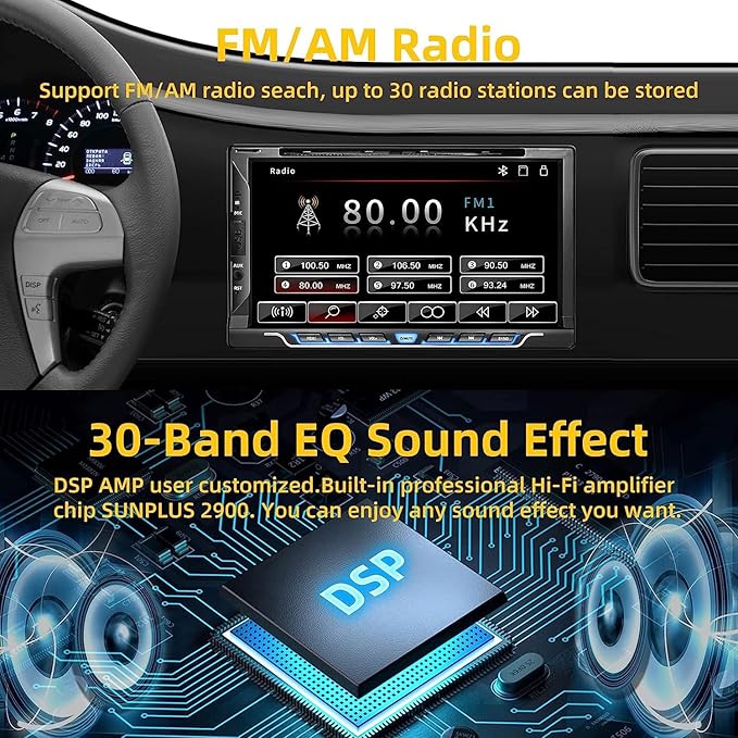 Double Din Car Stereo with CD/DVD Player, Apple CarPlay/Android Auto 7” Double din Radio with Backup Camera, Mirror Link, Bluetooth, AM FM Radio Receiver, SWC, Subwoofer, USB/TF/AUX…