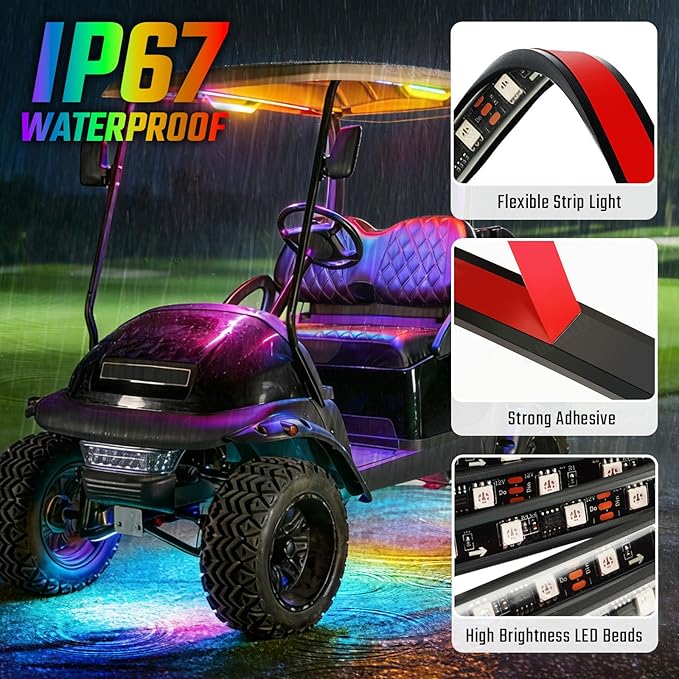 6PCS Golf Cart Underglow LED Light Kit, 28 Modes Full-Body Neon Glow, 12-85V, Music Sync, Wireless Remote, Waterproof Strips, Fits EZGO, Club Car, Yamaha Golf Carts, 6 Pack