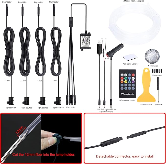 5 m Optic Fiber Car Ambient Lighting Kit Bluetooth App Control + RF Remote Control 64 Colors Multicoloured Music Interior Lighting Kit 12V 1W