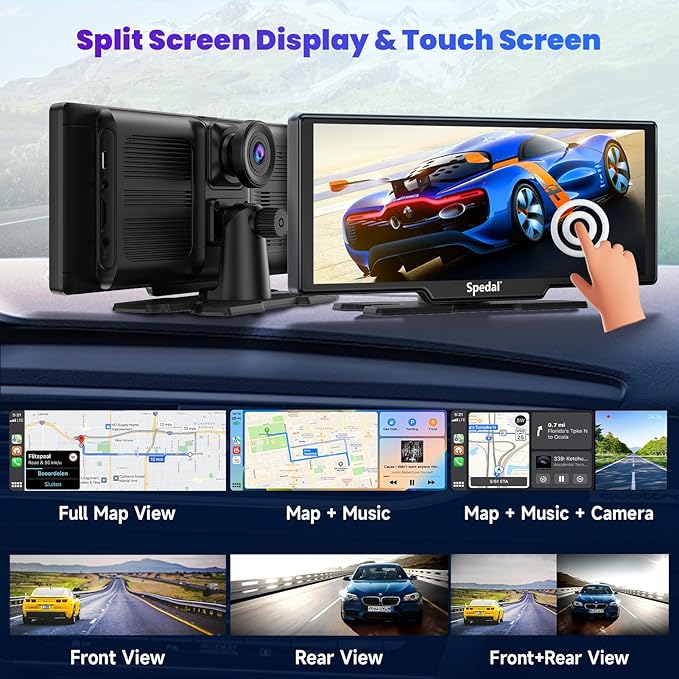 860 Portable CarPlay Screen with 4K Dash Cam Front and Rear- 9.3" Wireless Apple CarPlay ＆Android Auto Car Stereo, Bluetooth, GPS Navigation Head Unit,Car Stereo Receivers,1080p Backup Camera