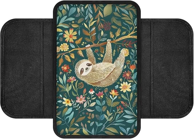 Sloth Floral Tree Print Center Console Covers for Cars Washable Auto Armrest Storage Box Mat Waterproof Car Armrest Seat Box Cover Cushion Car Accessories Interior Protection