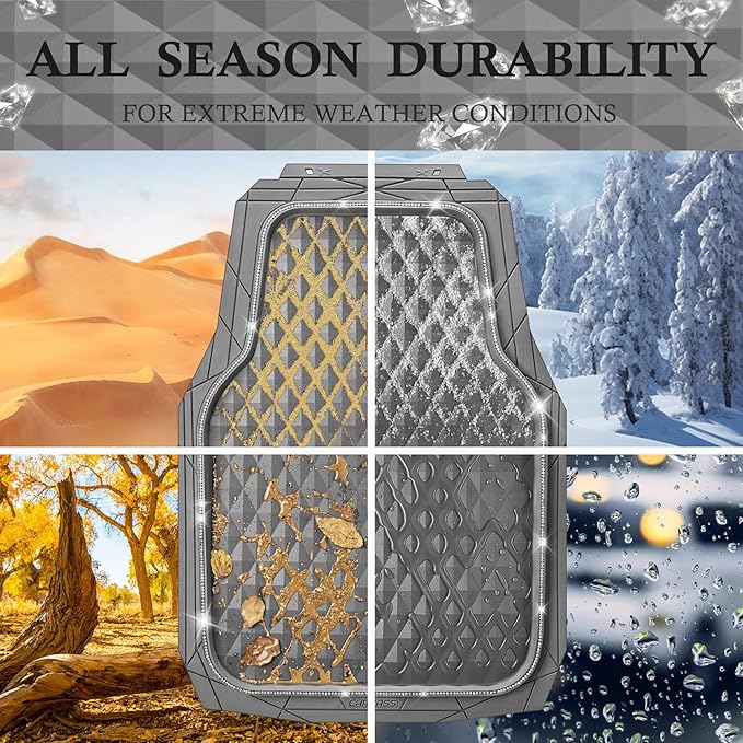 CAR PASS Bling Diamond Rubber Car Mats, Heavy Duty Deep Dish All-Weather Floor Mat Full Set Anti-Slip 3D Rhombus Waterproof Trim Fit Liner Universal Glitter Sparkly Shining Rhinestone, Gray Rubber