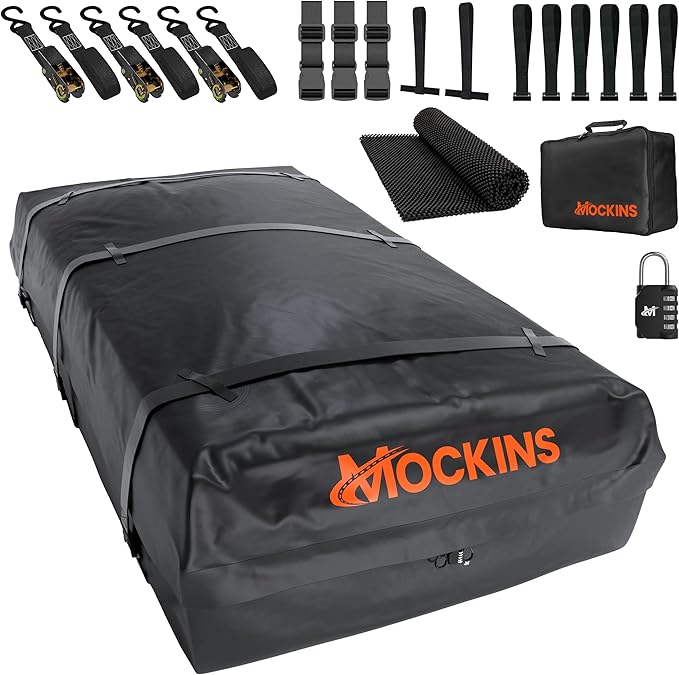 Mockins 40 CuFt XXL Roof Bag Cargo Carrier for Top of Vehicle | 72"x48"x20" Waterproof Vinyl Rooftop Cargo Carrier Bag | Secure Vehicle Soft-Shell Carriers for Car, Truck, SUV, Van, RV w/Accessories