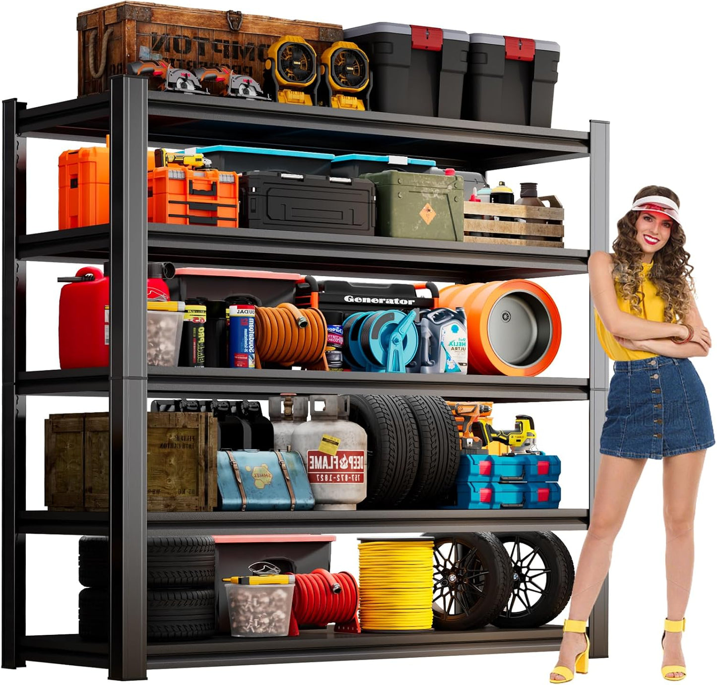 63''H Garage Shelving Heavy Duty Garage Storage Shelves, 3000LBS Capacity Adjustable 5 Tier Metal Industrial Shelf Rack for Kitchen, Utility Room, Warehouse and Basement, Black (16''Dx40''Wx63''H)