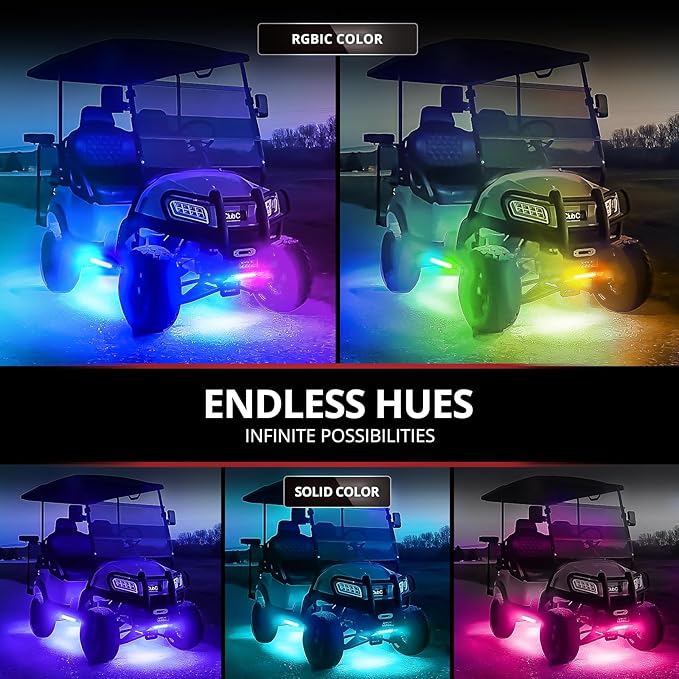 OPT7 12V Aura DreamColor Golf Cart Underglow LED Light Kit with App & Remote, 4PC Waterproof Multicolor Light Strips, Music Neon Accent Chasing Lighting for EZGO Yamaha Club Car, Outdoor Gifts