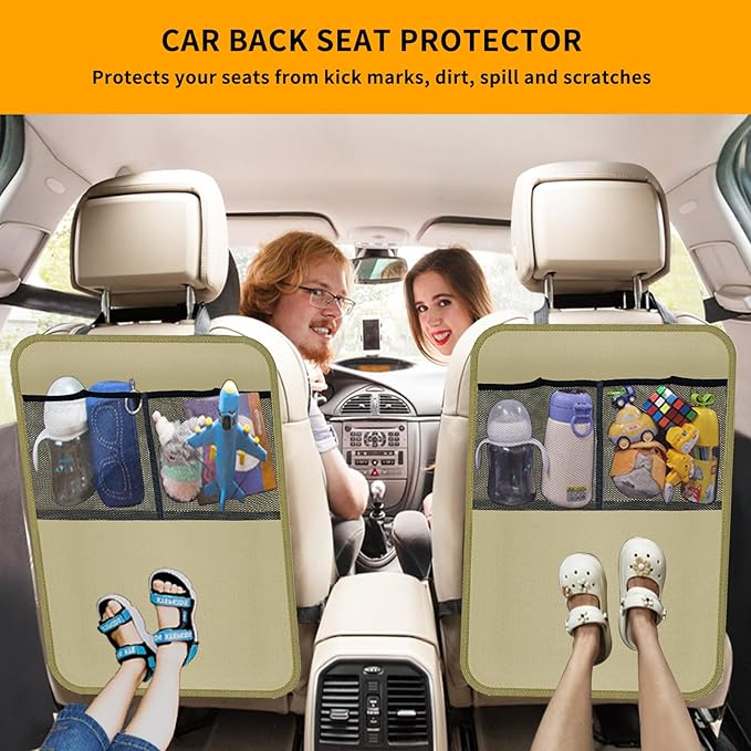 2 Pack Kick Mat Backseat Protector,Back Seat Cover for Kids,Car Seat Back Protectors with 2 Pocket Storage Organizer for Car, SUV, Minivan or Truck Seats (Beige)