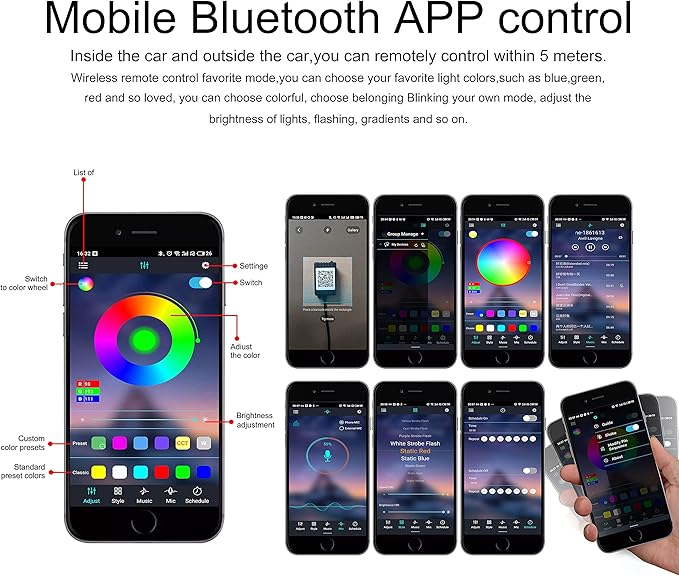 Car Interior Ambient Lighting Optic Fiber RGB 64 Colors Multicoloured Music Car Footwell Lighting Kit with Cigarette Lighter and App Microphone, DC 12V-24V 1W 5m