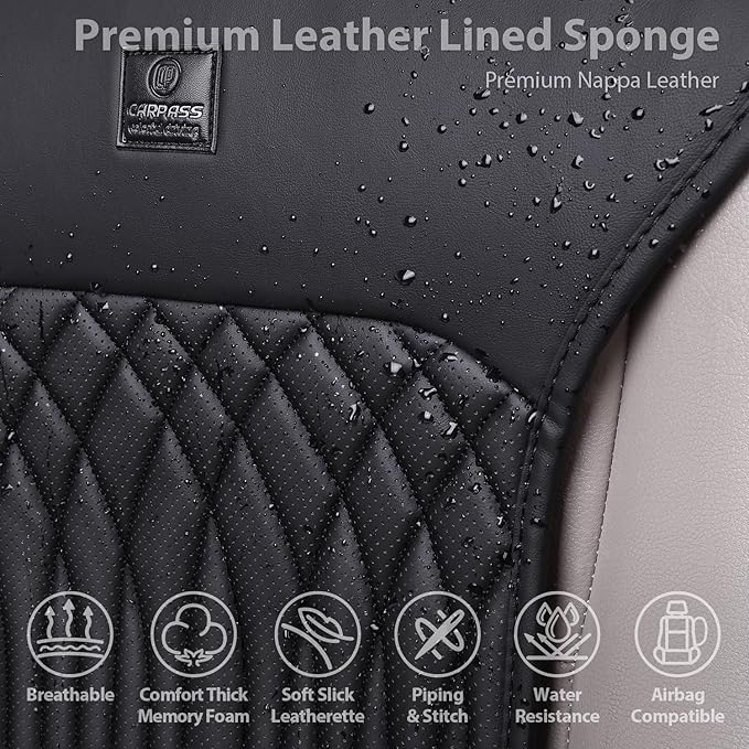 CAR PASS Car Seat Protector, Sideless Seat Covers for Cars, All Season Waterproof Nappa Leather Breathable Front Seats Cushion with Storage Pocket Universal Fit Vehicle Car SUV Truck, 2 Pack All Black
