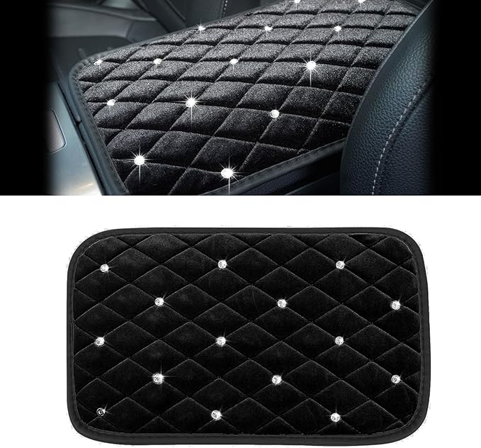 Bling Car Center Console Cover, Soft Fluffy Armrest Seat Box Cushion Pad, Crystal Diamond Arm Rest Protection Mat, Automotive Interior Decoration Accessories for Most Vehicles (Black)