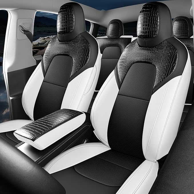 Red Rain Seat Cover Custom Fit for 2020-2024 Tesla Model Y Car Seat Cover Crocodile Leather Black and White Seat Cushion Covers (ModelY-Black+White-2020/2024)