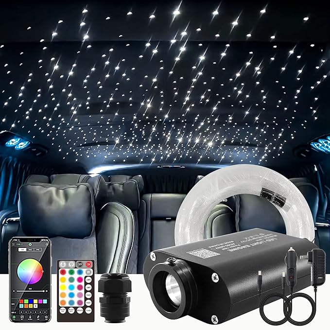 ATOKEE 16W Starlight Headliner Kit 550pcs 0.03in 9.8ft, Sound Activated Fiber Optic Star Lights for Car Roof Decor with Remote Control/Bluetooth App