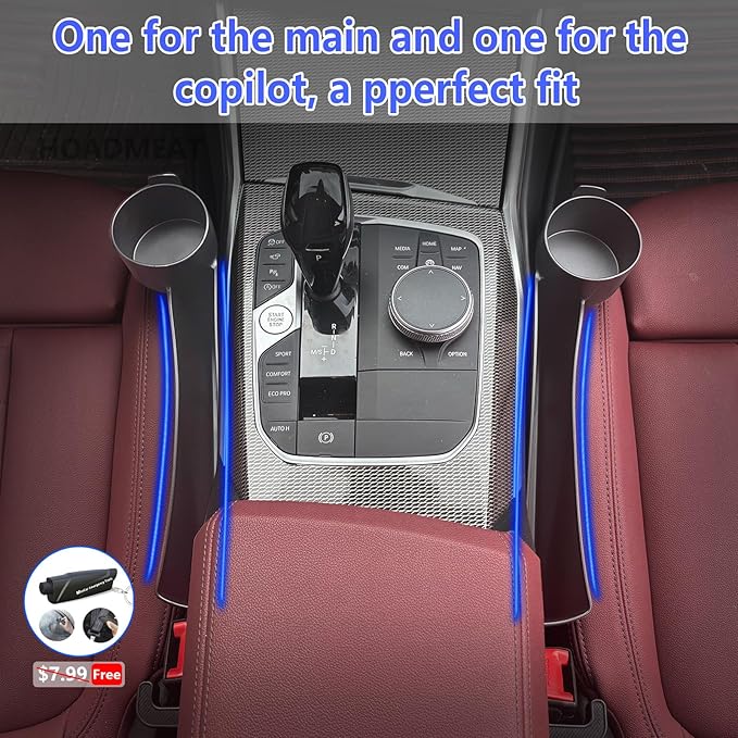 Seat gap filler Compatible with Toyota RAV4.Deeper Than Standard Retail Models(7.5cm)|Added Cup Holder (2 Fixed Points) + Hooks + Charging Cable Port |2pcs Black| Free Window Break Hammer 1pcs|