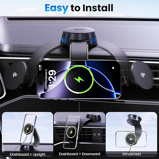 Upgrade [Qi2-Certified] 15W for MagSafe Wireless Car Charger Mount, 2XFast Charging[90+LBS Safe Suction] Magnetic Phone Holder Dashboard Windshield for iPhone 17/16/15/14/13/12 Pro Max (Iron)