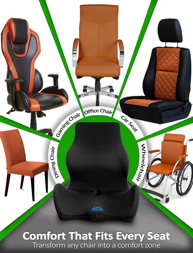Ergonomic Memory Foam Seat Cushion for Office Chair, Car Seat, Dining, Gaming Chair & Wheelchair, Full Back & Lumbar Support Pillow One Piece, Back Pain Relief, Coccyx, Tailbone & Sciatica Pain Relief
