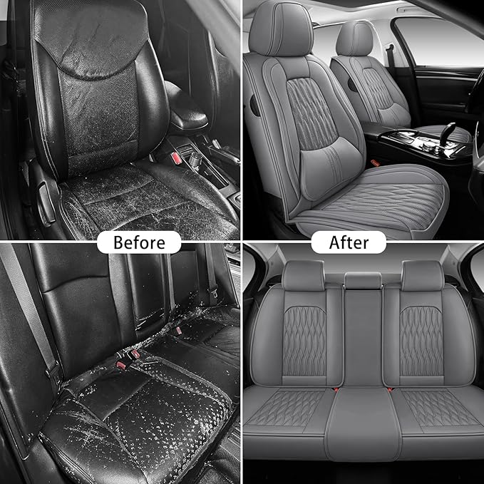 WELLDO Car Seat Covers Full Set, Leather Seat Covers for Car, Waterproof Car Seat Protector with Lumbar Support, Automotive Seat Covers Universal Fit for Most Cars SUV Truck,Gray,w02.