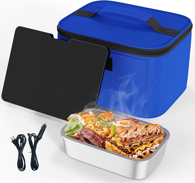 Portable Electric Lunch Box Food Heater,12V/24V/110V Food Warmer Lunch Box, Mini Portable Oven Car Food Warmer, Heated Lunch Bag for Adults Office Travel Work Truck Meal Reheating, Blue