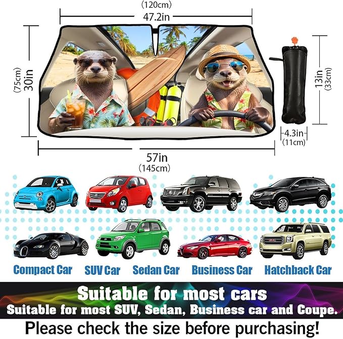 Socira Funny Sea Otters Car Windshield Sunshade Umbrella Foldable Visor Umbrella Sun Shade Cover Sunshade Front Window Cover Car Accessories Blocks Uv Rays (57" X 30")