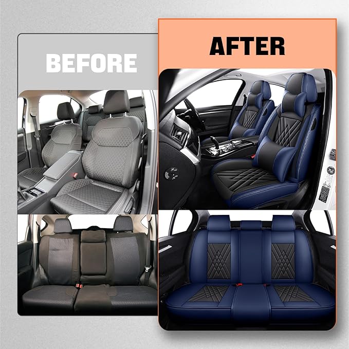 Car Seat Covers Compatible with Toyota Camry 2012-2026 Durable Waterproof Automotive Seat Covers Stretchable Fabric Material,Airbag Compatibility,Premium Nappa Leather(Black Blue,Full Set with Pillow)